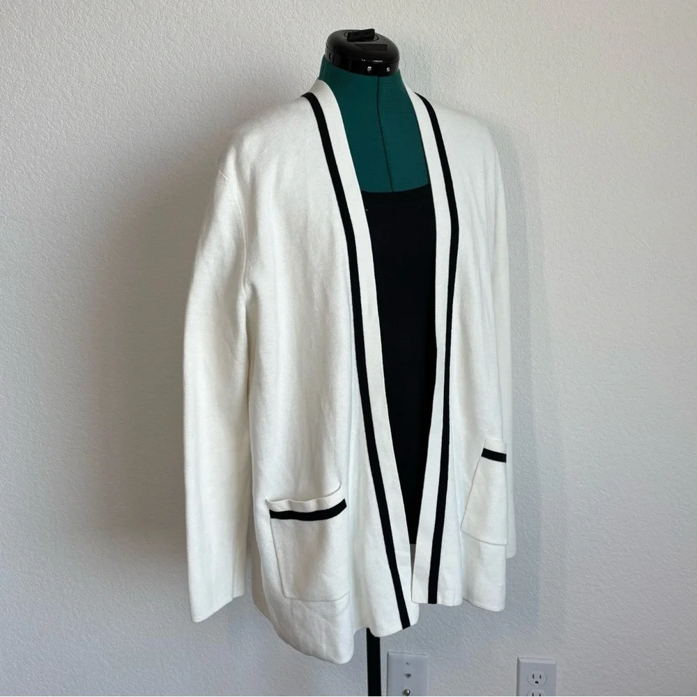 J. Crew Women's White and Black Open Front Cardigan Sweater - Picture 2 of 8